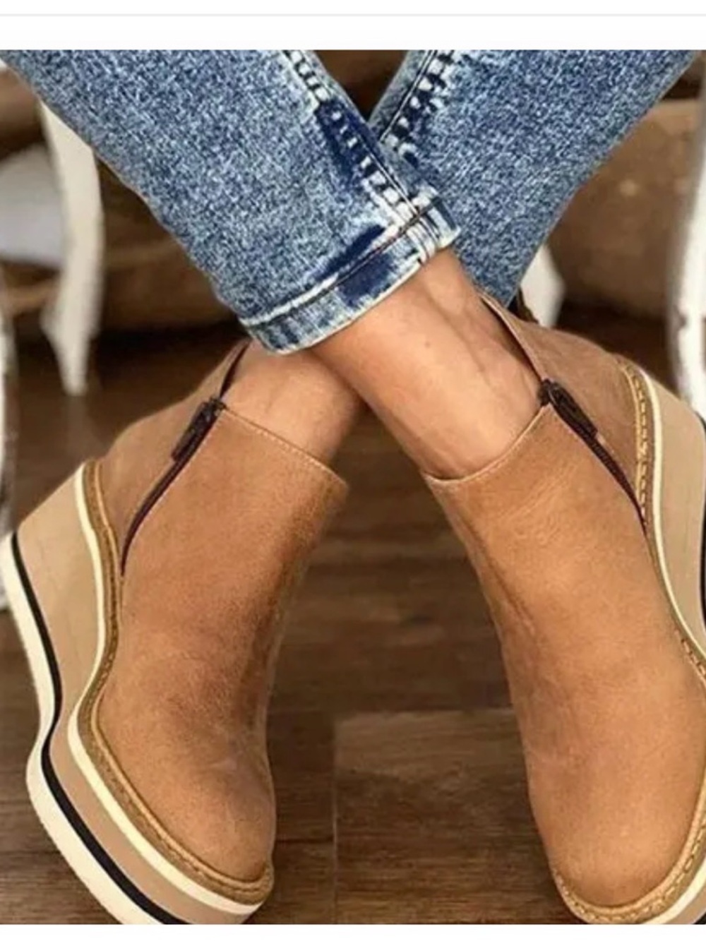 Women’s Tan Platform Slip-On Shoes with Side Zip